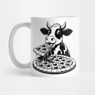 Cow eating Pizza Black & White Mug